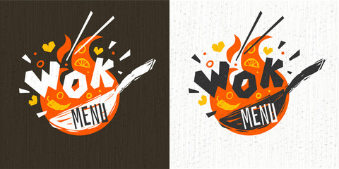 Wok asian food logo, Wok pan, lettering, pepper, vegetables, Cook wok dish fire background logotype design. Hand drawn vector illustration. - obrazy, fototapety, plakaty