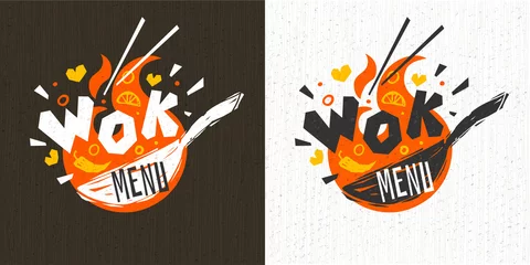 Foto op Canvas Wok asian food logo, Wok pan, lettering, pepper, vegetables, Cook wok dish fire background logotype design. Hand drawn vector illustration. © Iraida Bearlala