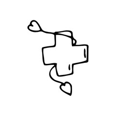 Hand drawn medical cross and two hearts isolated on a white background. Medical elements, icons. Doodle, simple outline illustration. It can be used for decoration of textile, paper and other surfaces