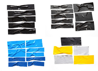 Set of color banners gray black yellow blue scotch tape- sticky tape crumpled cut on white background. Sticky mockup can use business-paperwork-banner products