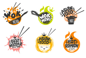 Wok asian food logo, Wok pan, plate, box, sticks, lettering, pepper, vegetables, Cook wok dish noodle ramen fire background logotype design. Hand drawn vector illustration. - obrazy, fototapety, plakaty