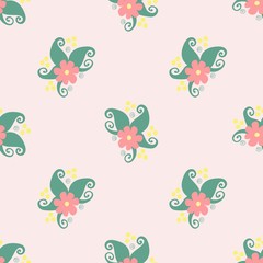 Simple illustration fairy flower vector seamless pattern collection. Colorful floral elements on white, pink or green background. 