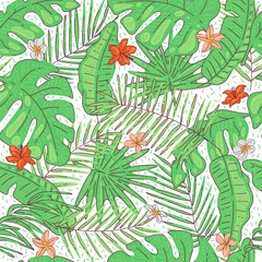 Pattern tropical leaves and flowers exotic coconut and banana palm tree. Vector seamless summer background.