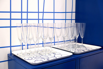Glass tray on a white background. Restaurant service. Banquet.