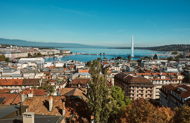 Fototapeta premium Aerial view of the city center and the fountain in Geneva, Switzerland.
