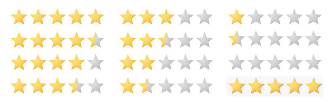 Vector full 5 star rating icon set with lighted yellow golden and grey stars. Isolated flat illustration for reviews, feedbacks on white background. Template for products and services.
