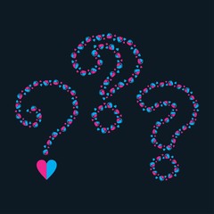 Gender reveal question mark with baby feet and heart vector illustration