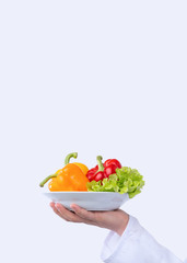 Chef's Hand Holding Plate With Vegetables On White Background, Vertical