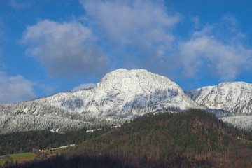 Fototapeta na wymiar Winter landscape with beautiful high mountains in sunny day, in Styria region, Austria