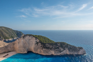 Fototapeta na wymiar Panoramic view from the cliff of Navagio, shipwreck beach in Zante, Zakynthos, Greece