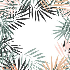 Elegant pastel frame of tropical palm leaves. Abstract vector background, place for text.