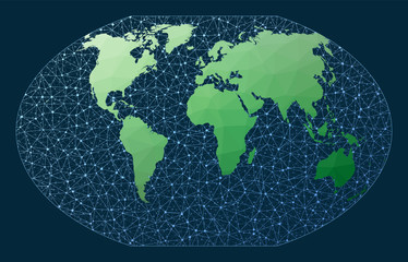 Global network. Winkel 3 projection. Green low poly world map with network background. Appealing connections map for infographics or presentation. Vector illustration.