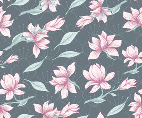 Seamless pattern with hand drawn pink flowers
