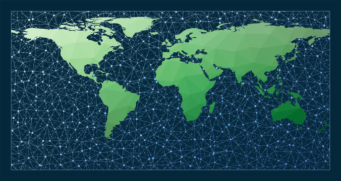 Abstract telecommunication world map. Equirectangular projection. Green low poly world map with network background. Attractive connections map for infographics or presentation. Vector illustration.