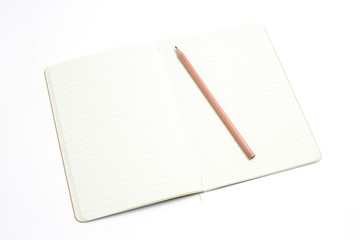 Top view of open stitch blank recycled paper cover notebook with pencil on white background.
