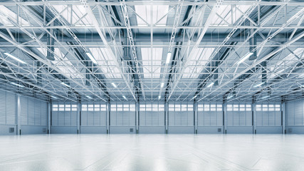 Steel construction factory building indoor general view as industrial 3D background copy space illustration.