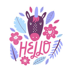 Hello - hand drawn decorative color vector lettering. Vector Illustration with a unicorn. Child t shirt design idea.