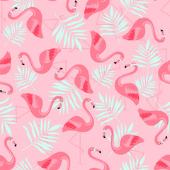 Flamingos in palm leaves, seamless background, pattern. Vector illustration. - 324208121