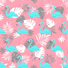Flamingos in palm leaves, seamless background, pattern. Vector illustration.