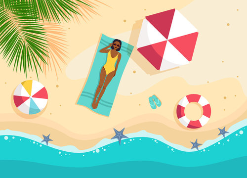 Young afro woman in bikini sunbathing lying on the beach. View from above. Vector flat cartoon illustration isolated.