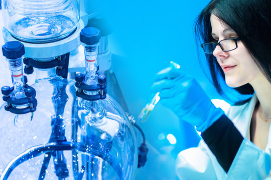 Pharmacological studies. Evaporative flask of a rotary evaporator. Woman with a test tube in her hands. The girl works in a medical laboratory. Student of the Medical Institute during research.
