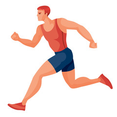 Fototapeta na wymiar male athlete in a red tank top and blue shorts runs fast and tries to win the competition, hope, victory, prize, success, goal, isolated object on a white background,