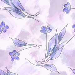 Fototapeta na wymiar Sketched Flowers Seamless Pattern. Watercolor Background.