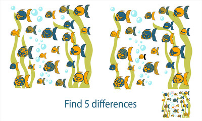 Educational game puzzle for children find differences, underwater world, fish swim in the pond
