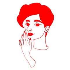 red-white outline logo for beauty industry, illustration of beuty woman with short hair and red lips, girl portrait of woman with red nails and red lips
