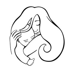 Vector illustration with mom hugs baby. Continuous line art.