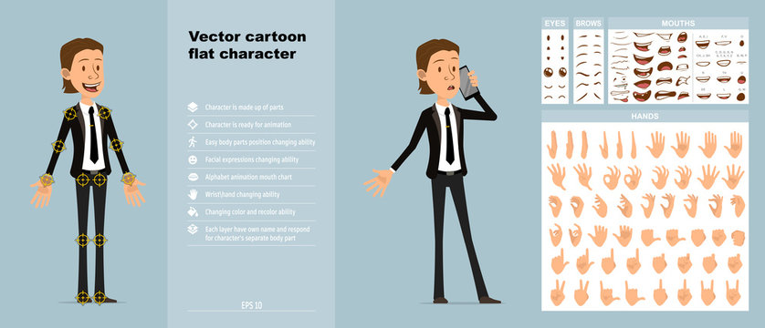 Cartoon funny cute office boy character in black suit with tie. Ready for animations. Face expressions, eyes, brows, mouth and hands easy to edit. Isolated on blue background. Big vector icon set.