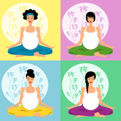 Collage of a four pregnant woman doing prenatal yoga, vector illustration