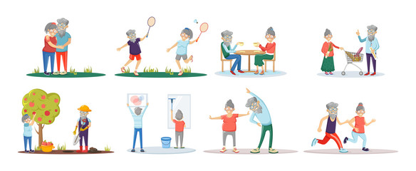 Fototapeta na wymiar Elderly people active fitness healthy lifestyle. Senior age couple together running, doing exercises, work in garden, household chores at home, play badminton, shopping at supermarket cartoon vector