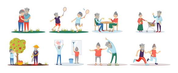 Elderly people active fitness healthy lifestyle. Senior age couple together running, doing exercises, work in garden, household chores at home, play badminton, shopping at supermarket cartoon vector