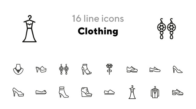 Clothing line icon set. Set of line icons on white background. Shoes, dress, high heels. Festive evening concept. Vector illustration can be used for topics like evening, celebration, black tie