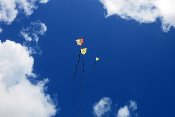 3 kites flying in a beautiful blue sky in Brazil