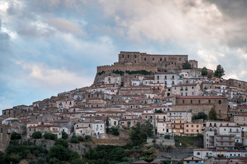 Fototapeta na wymiar View of ancient village of Rocca Imperiale, in Calabria, during a sunset of August