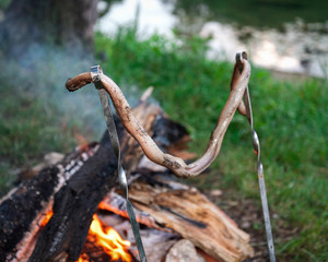Obraz premium skinless snake carcass baked on a bonfire put on skewers