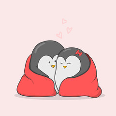 Two cute penguins with one red blanket.