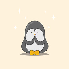 Cute penguin sitting in yoga lotus pose and relaxing