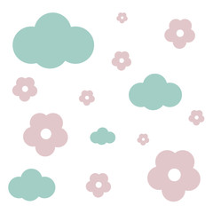Flowers background, cartoon funny design with clouds vector illustration