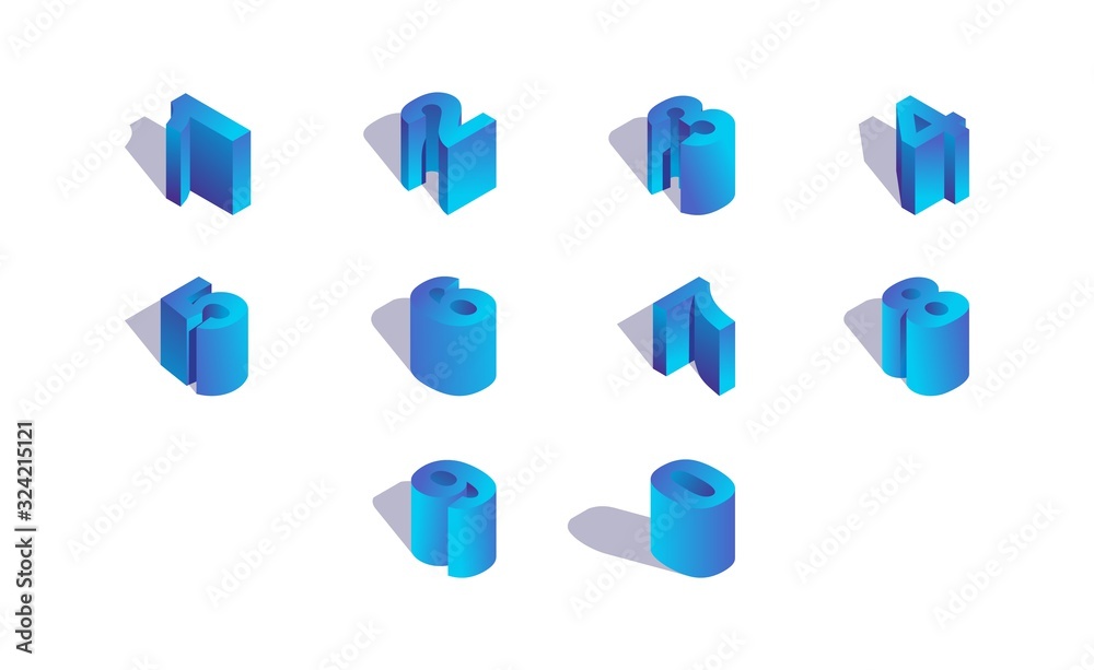 Poster vector isometric 3d numbers sequence collection. blue digits good for count and writing