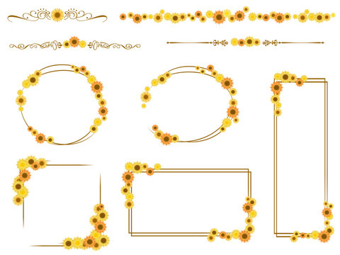 Set illustration of various frames of sunflower flowers.