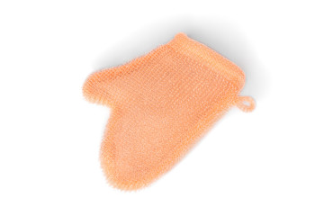 Exfoliating massage glove for shower isolated on white background.