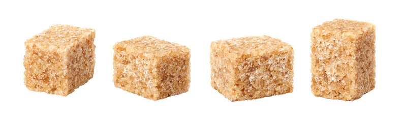 Demarara brown sugar cubes isolated on white background.