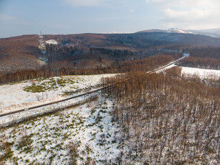 Early winter on the slopes of Ashikawa, Hokkaido Japan where the trees have shed their leaves and there is a layer of snow on the ground 