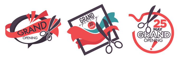 Open new logotype with scissors and cutting ribbon symbol in frame vector