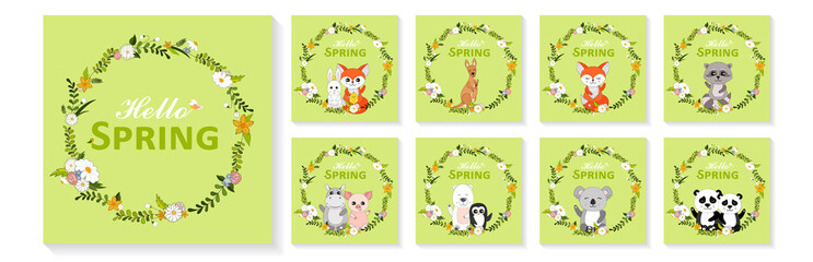 Cute animals with flower wreaths. Hello Spring greeting cards, posters, banners set. Hand drawn vector illustration 