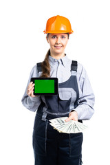 Builder engineer woman holding money and a tablet in her hands. Offer of construction or repair services. Isolated
