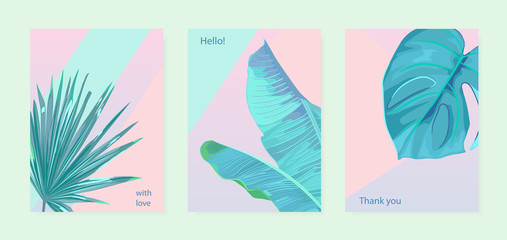 Set of tropic backgrounds with palm leaves for summer party, spa, greeting cards, wedding. Abstract hawaii frame. Vector illustration